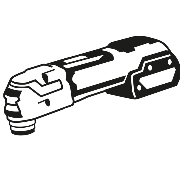 Illustration av ett handhållet multifunktionsverktyg utan sladd, i svartvitt.