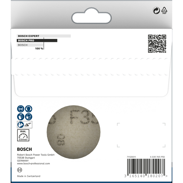 Förpackning med Bosch Expert högeffektiva verktygstillbehör. QR-kod och företagsinformation synliga. Tillverkad i Schweiz.