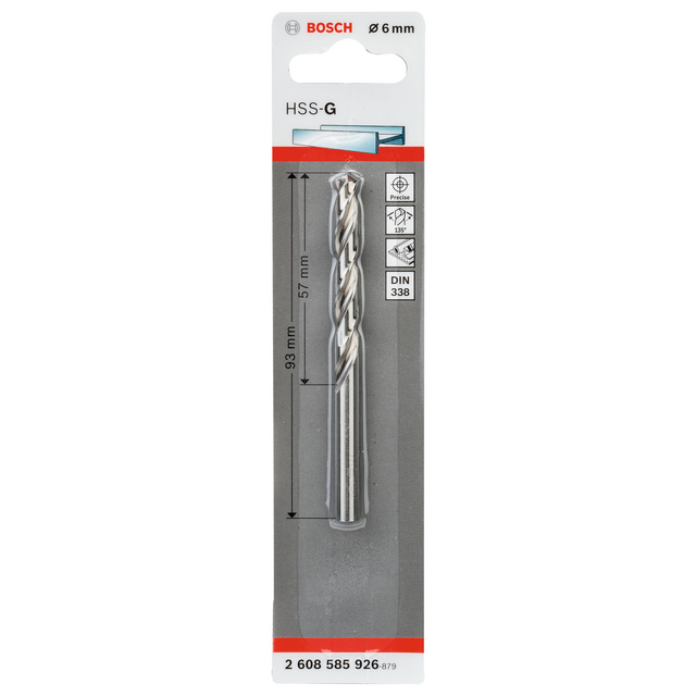 Förpackning med Bosch HSS-G metallborr, 6 mm, 57 mm längd, DIN 338 standard. Artikelnummer: 2 608 585 926.
