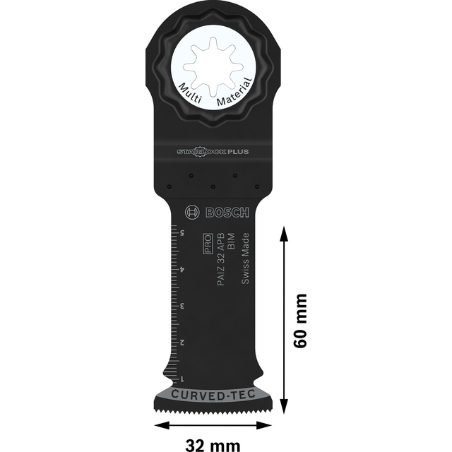 Svart Bosch sågblad med måtten 60 mm höjd och 32 mm bredd. Märkt med Multi Material och Swiss Made.