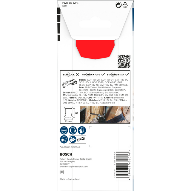 Förpackningens baksida med produktinformation och logotyper för Bosch och Starlock. Innehåller text och säkerhetssymboler.