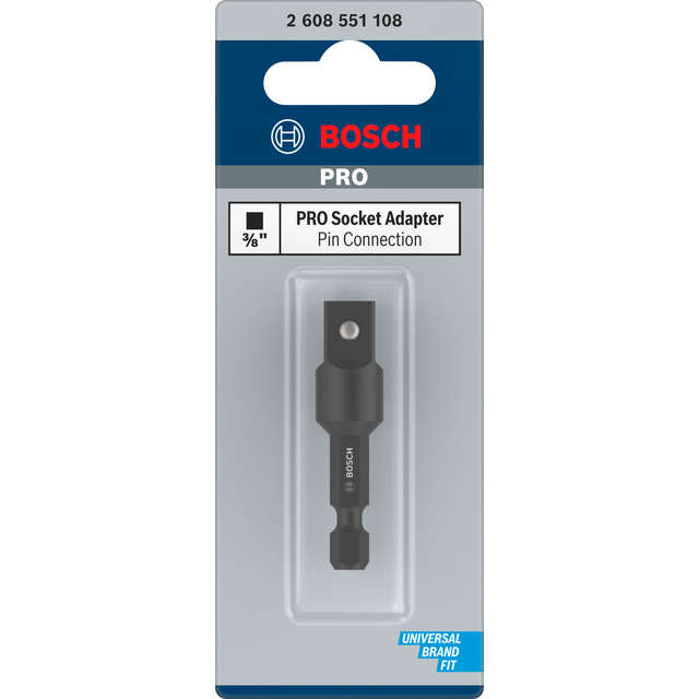 Förpackning med Bosch PRO socket adapter, 3/8 pin connection, universal brand fit, artikelnummer 2 608 551 108.