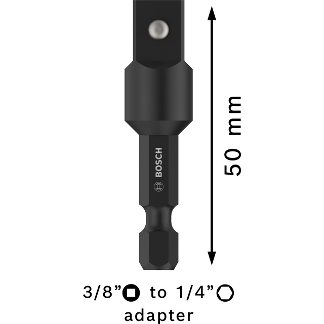 Adapter från 3/8 fyrkant till 1/4 hex, 50 mm lång, Bosch-märkt.