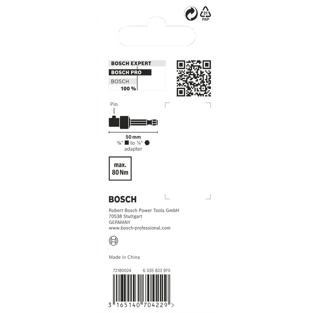 Förpackning med Bosch tillbehör med streckkod, QR-kod och tekniska specifikationer, max 80 Nm.