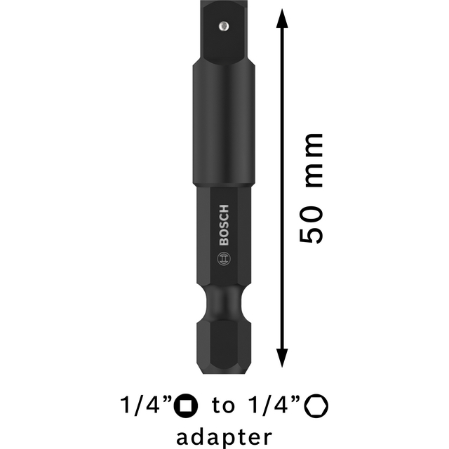 Svart Bosch adapter, 50 mm lång, med text 1/4 ⬛ to 1/4 ⬡ adapter.
