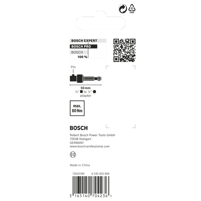 Förpackningens baksida för Bosch verktygstillbehör med produktinformation, QR-kod och streckkod.