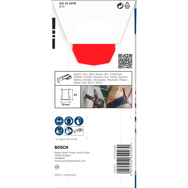 Förpackning för Bosch AIZ 32 APB BIM sågblad, 32 mm brett, QR-kod, lämplig för olika verktygsmärken. Tillverkad i Schweiz.