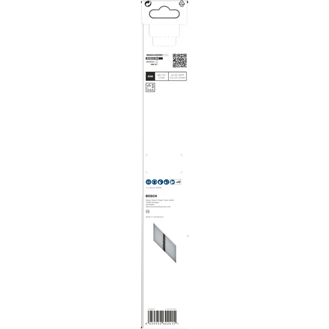 Förpackning med Bosch sticksågblad, vit bakgrund, text och QR-kod synliga.