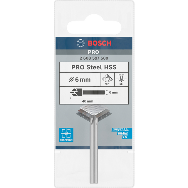 Förpackning med Bosch PRO Steel HSS-verktyg, Ø 6 mm, längd 48 mm, Universal Brand Fit, Precision.