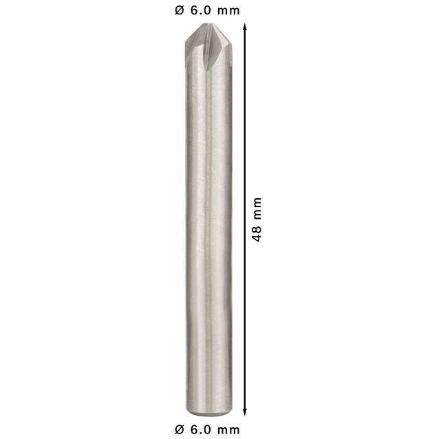 Cylindrisk metallborr med 6,0 mm diameter och 48 mm längd.