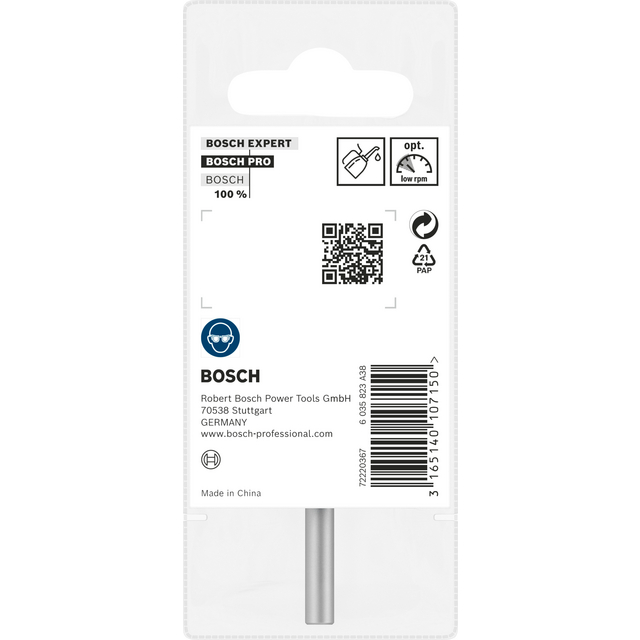 Förpackning med Bosch Pro borr, streckkod och QR-kod längst ner, text Made in China.