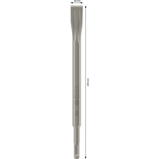 Stämjärn av metall, 250 mm långt och 20 mm brett, med Bosch-logotyp.