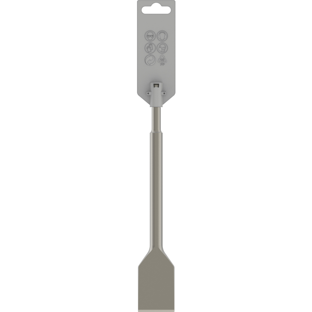 Förpackad köksredskap med brett blad och smalt handtag, hängande på en kartongetikett med symboler.