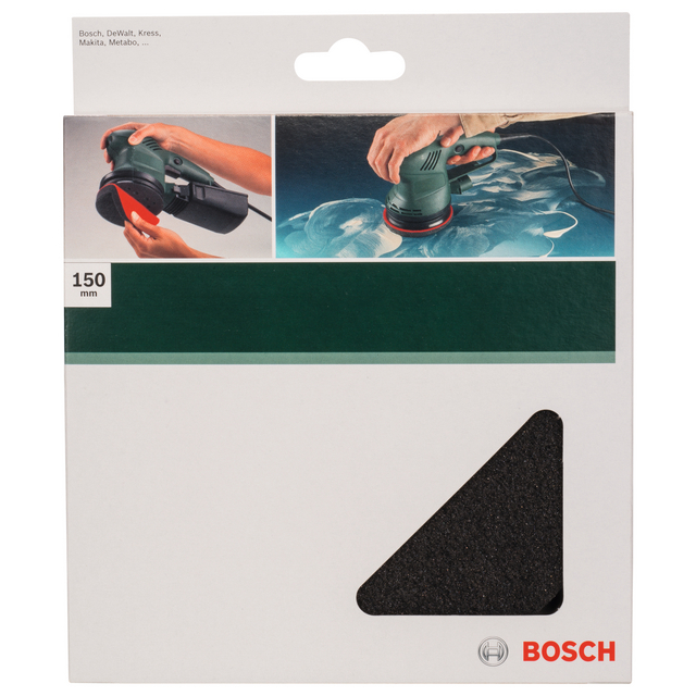 Förpackning för Bosch slippapper 150 mm med bilder av slipning och Bosch-logotyp.