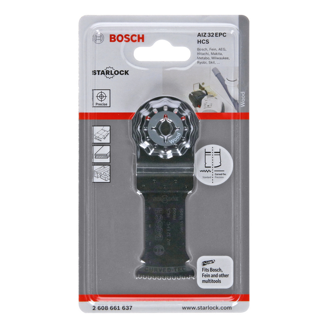 Förpackning med Bosch Starlock sågblad AI232EPC HCS, kompatibel med flera verktygsmärken.