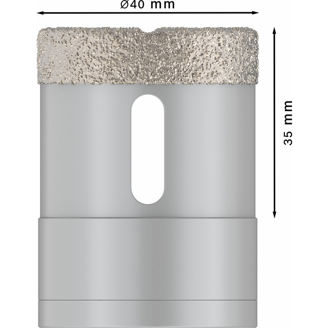 Metallborr med diamantskär, diameter 40 mm, längd 35 mm, visar en oval öppning på sidan.