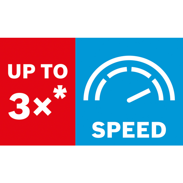 Röd och blå delad rektangel, texten UP TO 3x* och en mätare med texten SPEED.
