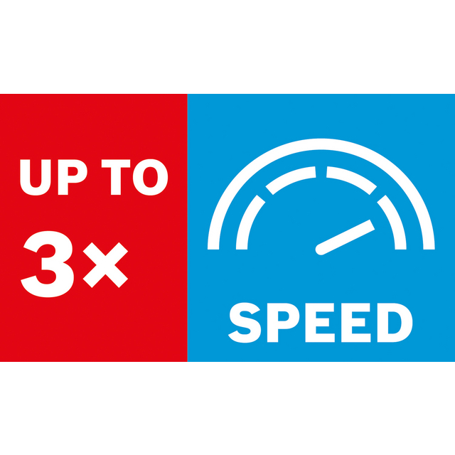 Röd och blå ruta med texten UP TO 3x SPEED samt en illustration av en hastighetsmätare.