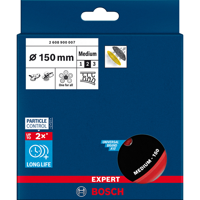 Förpackning till Bosch sliprondell 150 mm, medium, med text EXPERT, PARTICLE CONTROL, och universal passform ikon.