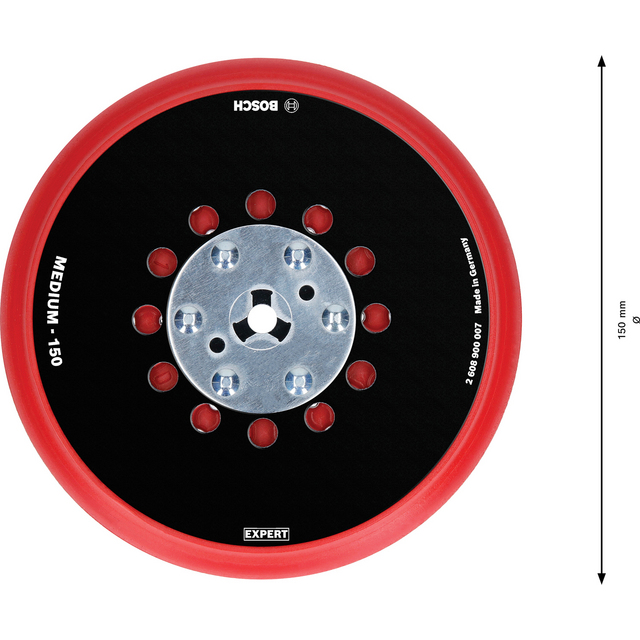 Röd cirkulär slipplatta, med texten Bosch, MEDIUM-150, 2 608 607 017 och EXPERT. Diameter anges som 150 mm.