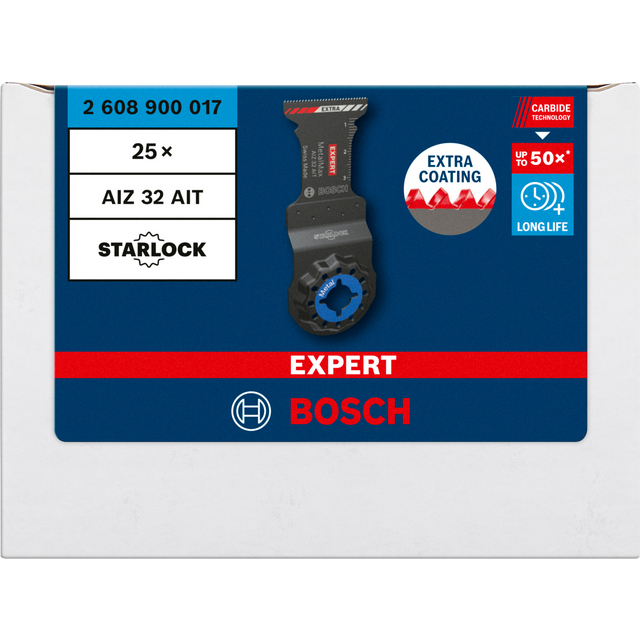 Förpackning av Bosch Starlock EXPERT sågblad, modell AIZ 32 AIT, 25 st, med extra beläggning och lång livslängd.