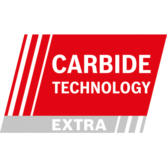 Röd och vit skylt med texten CARBIDE TECHNOLOGY och EXTRA i en grå sektion.