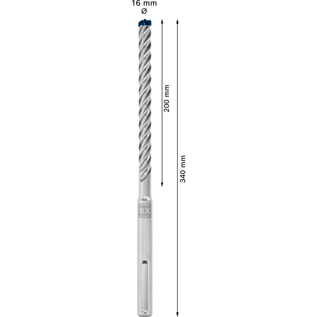 Borr med texten 16 mm Ø, mätt till 200 mm och 340 mm, synliga markeringar längs skaftet.