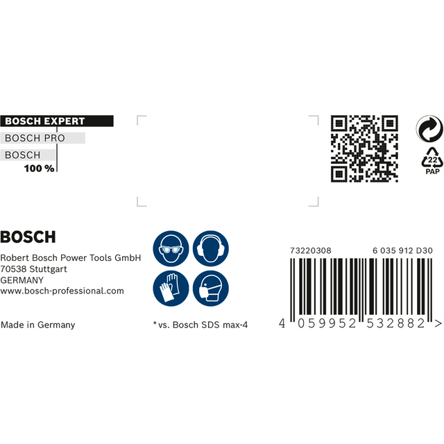 Etikett med Bosch-logotyp, QR-kod, säkerhetssymboler och text Made in Germany.
