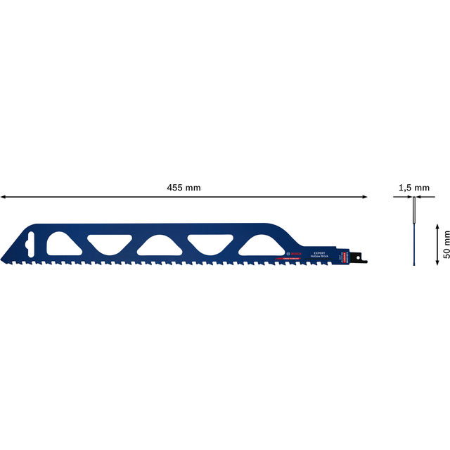 Blå sågklinga med en längd på 455 mm, bredd på 50 mm och tjocklek på 1,5 mm. Chevron-formade tänder upptill.