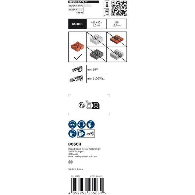 Förpackning med information om Bosch Expert 100 x 16 mm kapskiva för metall och kakel, kompatibel med 18V-verktyg.