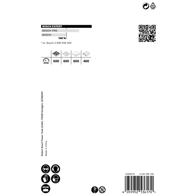Bosch Expert förpackning med ikon för rotationshastighet, QR-kod, text och streckkod.
