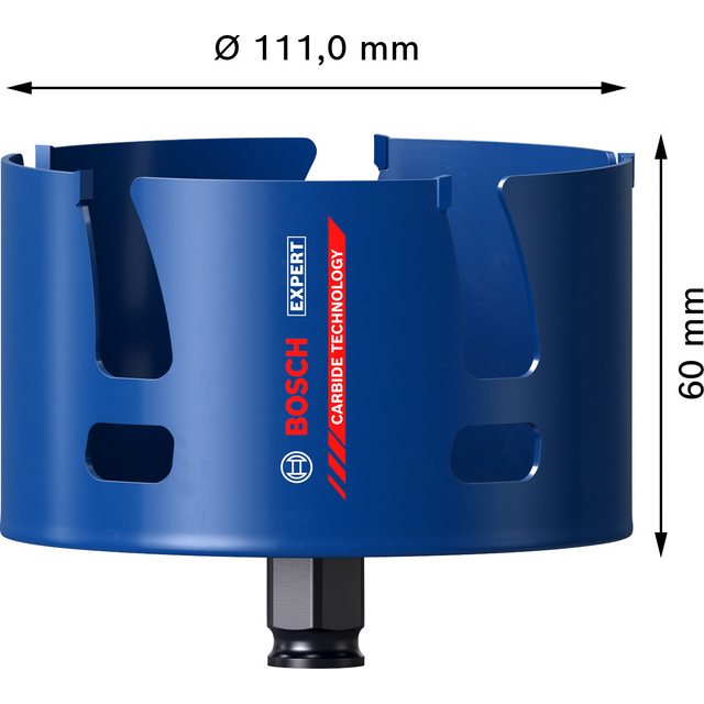 Hålsåg, blå med text Bosch Expert Carbide Technology, diameter 111,0 mm, höjd 60 mm.