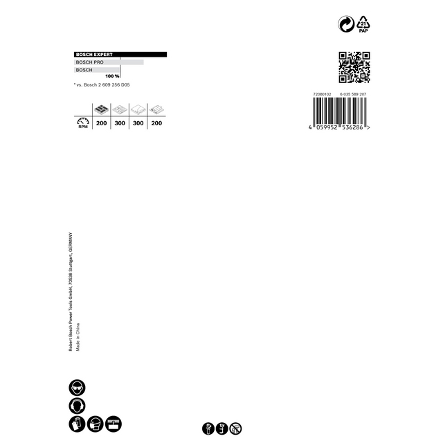 Förpackning med information och ikoner för Bosch Expert Circular Saw Blades, inklusive QR-kod och kontaktinformation.