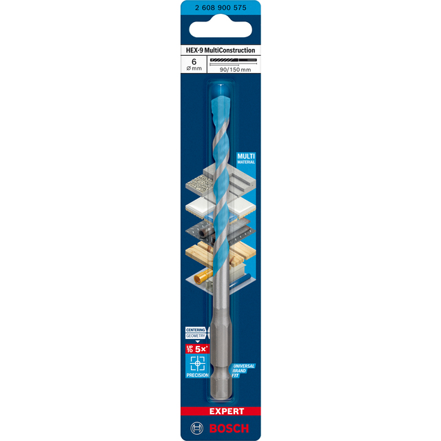 Förpackning med Bosch borr HEX9 MultiConstruction, 6 mm diameter, 90/150 mm längd.
