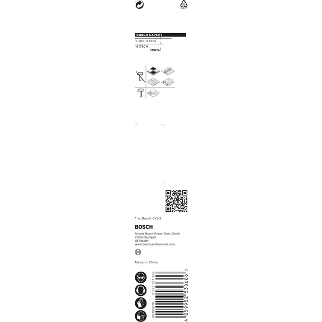 Etikett med Bosch Pro-logotyp, QR-kod och streckkod. Text anger Made in China.