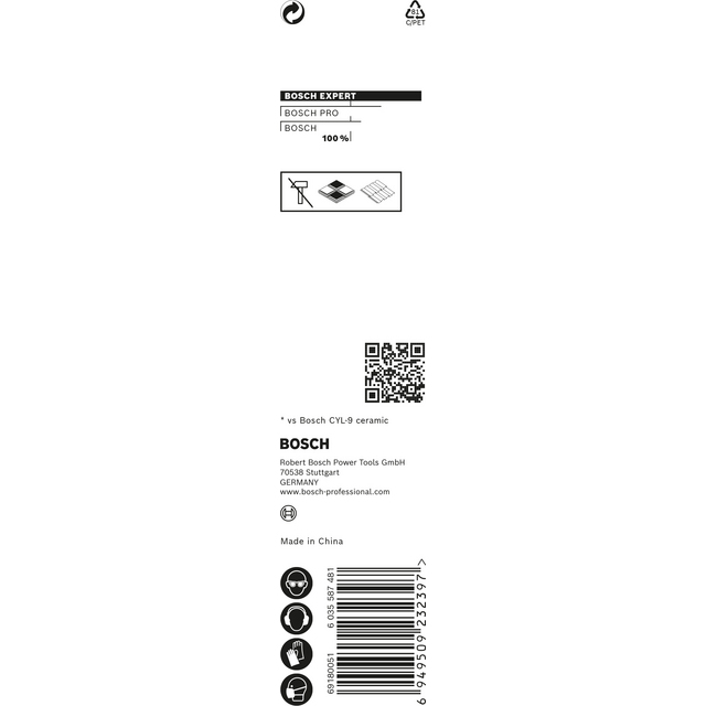 Förpackning av Bosch Expert borr, text: Bosch 100% och Made in China, QR-kod, streckkod.