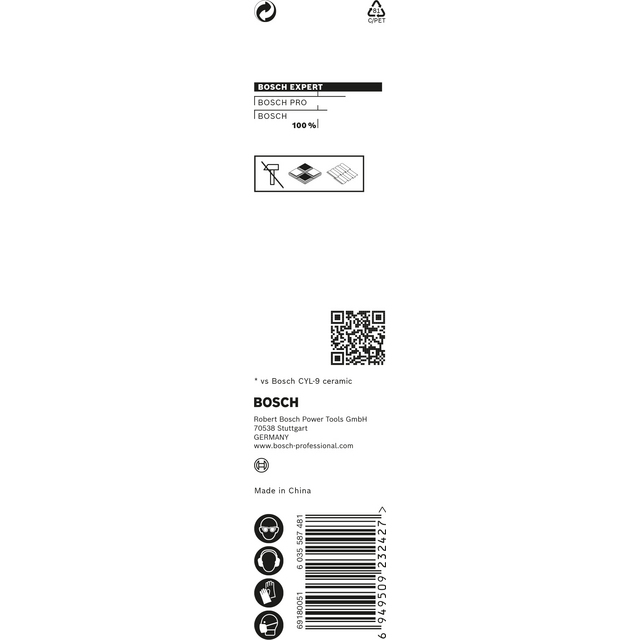 Förpackning med Bosch Expert kakelborr. QR-kod och streckkod nederst. Made in China.