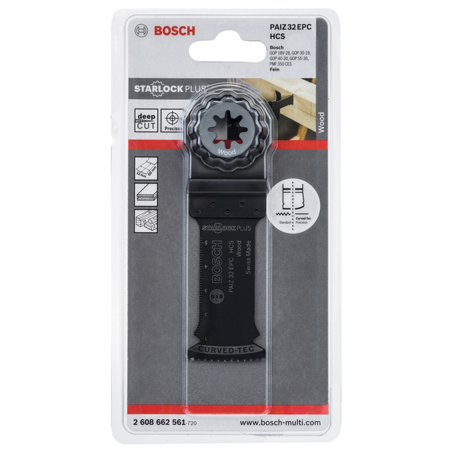 Förpackning med Bosch Starlock Plus sågblad för träbearbetning, modell PAIZ 32 EPC.