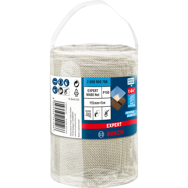 Rulle slipnät Bosch Expert M480 Net P150, 115mm x 5m, med handtag på toppen och produktinformation på etiketten.