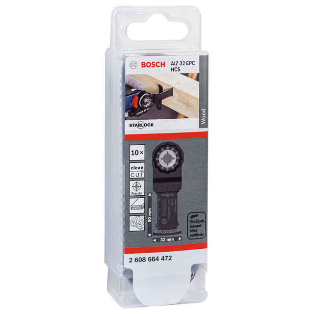 Förpackning med Bosch AIZ 32 EPC sågblad, lämpligt för trä, med Starlock-system och dimensioner 32 mm.