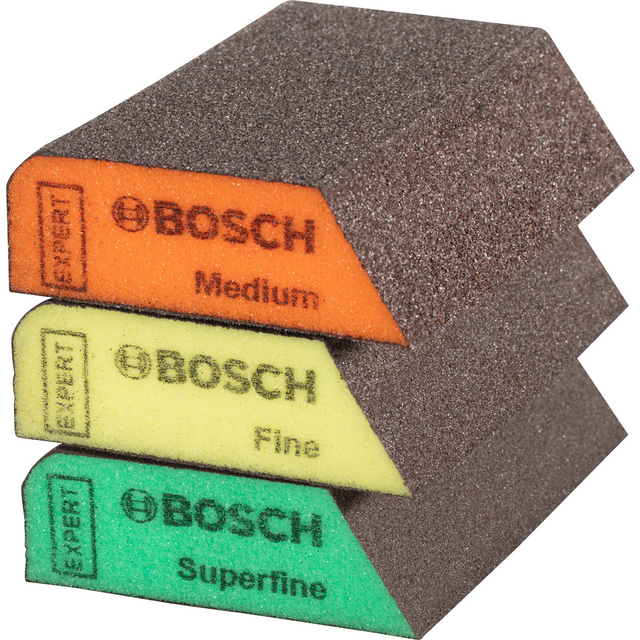 Sandsvampar med Bosch-logga i orange, gul och grön, märkta Medium, Fine, Superfine.