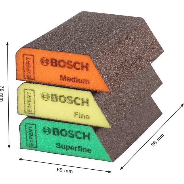 Slipblock av skumplast i tre nivåer: medium (orange), fine (gul), superfine (grön), med måtten 98 x 69 x 27 mm.