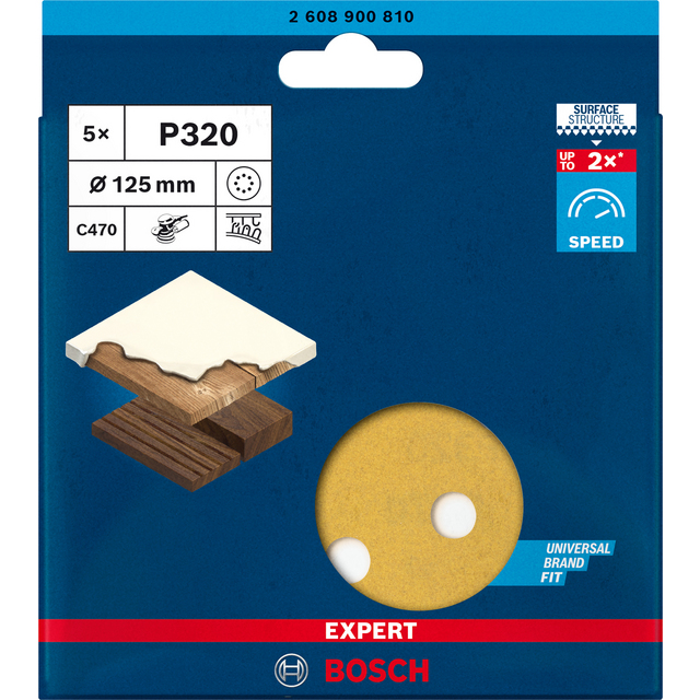 Förpackning med Bosch slippapper P320, 125 mm, 5-pack. Innehåller en bild på träprofil och slippappersskiva.