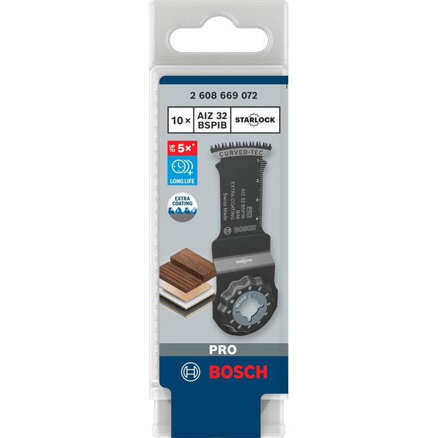 Förpackning med Bosch Starlock-sågblad AIZ 32 BSPB, CURVED-TEC, 10-pack.
