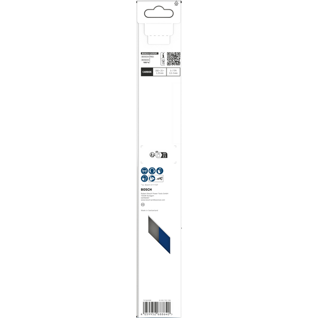 Förpackning av sågblad från Bosch, visar logotyp, produktnummer och symboler för användning och kompatibilitet.