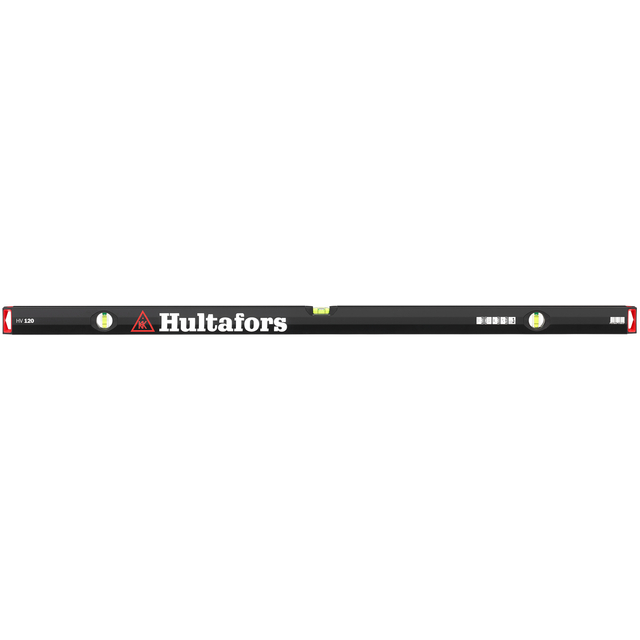 Svart aluminiumvattenpass med tre libeller och texten Hultafors.