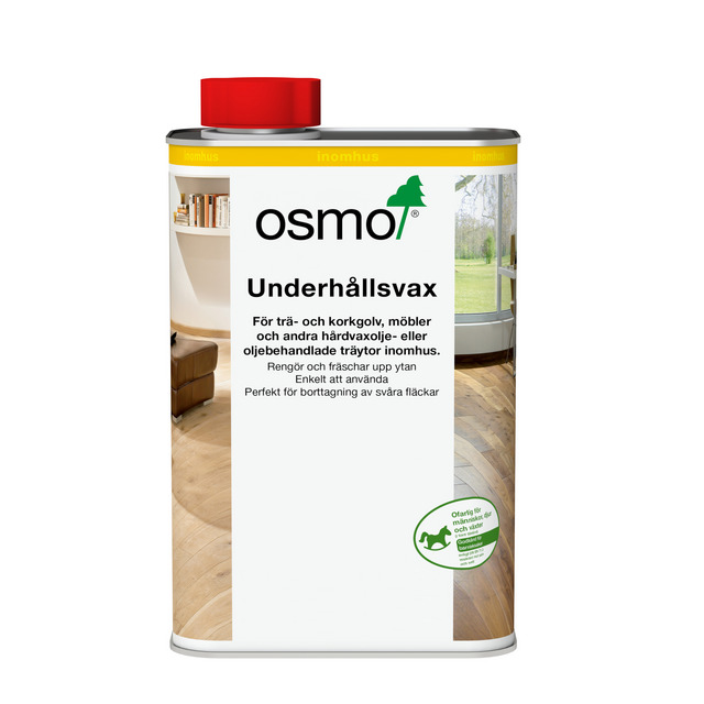 Rektangulär plåtburk med röd kork, etikett med texten Osmo Underhållsvax 3087 Vit och bilder av trägolv.