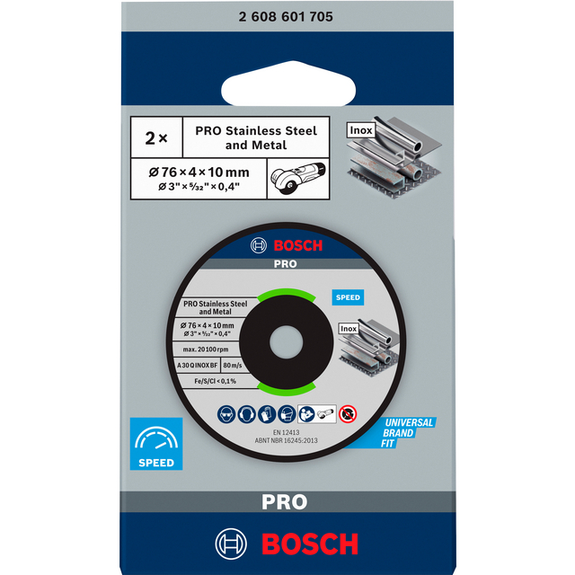 Förpackning med två Bosch PRO kapskivor för rostfritt stål och metall, diameter 76 mm, tjocklek 0,4 mm.