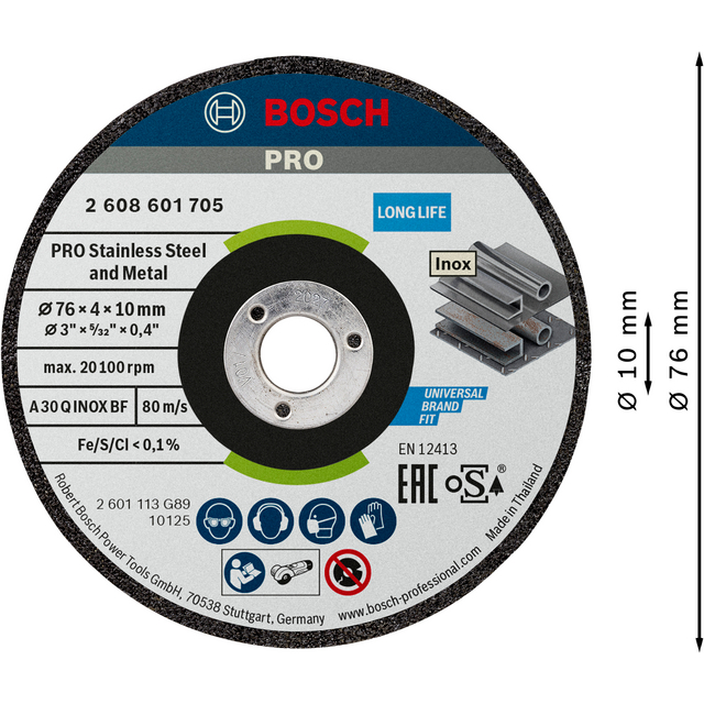 Rund sliprondell från Bosch PRO för rostfritt stål och metall, storlek Ø76 x 10 mm, max 20100 rpm.