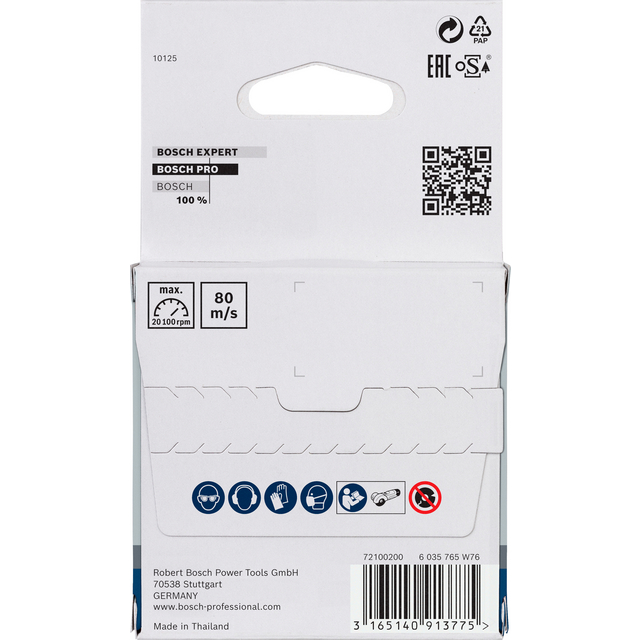 Förpackning med text om Bosch Expert-produkter och specifikationer, inklusive hastighet och en QR-kod.
